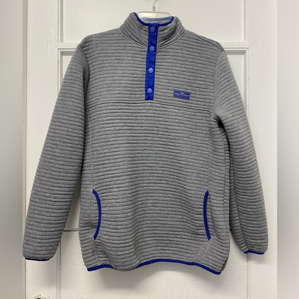 Simply southern women’s jacket pull over 1/4 buttons down size medium Gray Blue